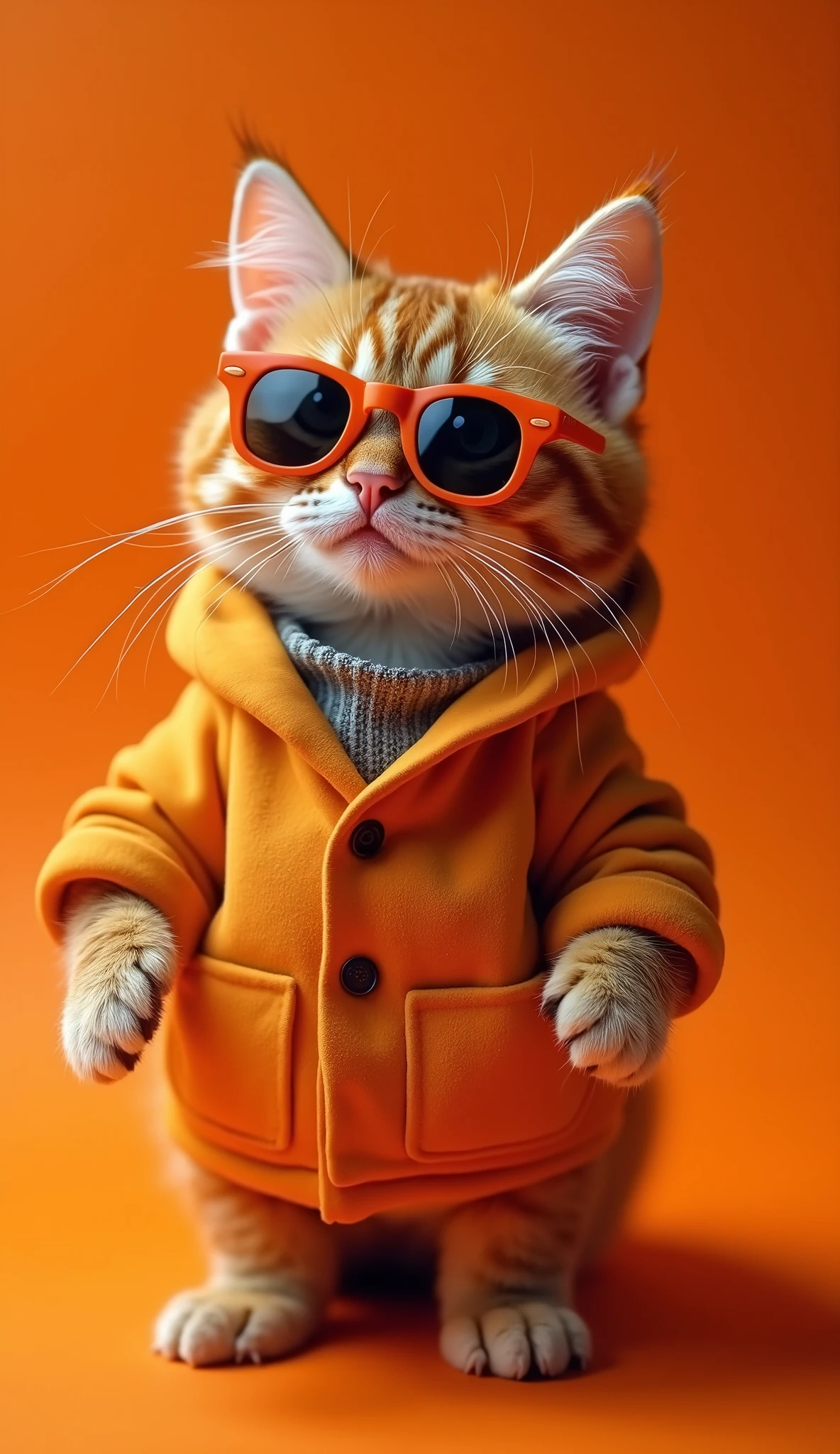 Meilleur fond d'écran mobile, fond d'écran primé, photo du corps entier avec bras et jambes, vue de face d'un chat mignon portant une mode du milieu du siècle, vue latérale, prise avec Canon EOS R5, crée un contraste saisissant qui met en valeur le sujet, les néons. orange, porter un manteau de salon et des lunettes de soleil est à la mode dans les années 1960, vêtements décontractés d'une seule couleur, beau fond, rappelez-vous que le chat a des bras et des jambes