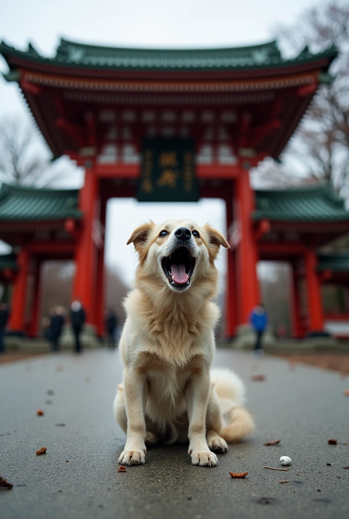 There was only a dog barking in front of the Yasukuni Shrine gate, captured by a camera.，and there is dog shit all around，Like a toilet