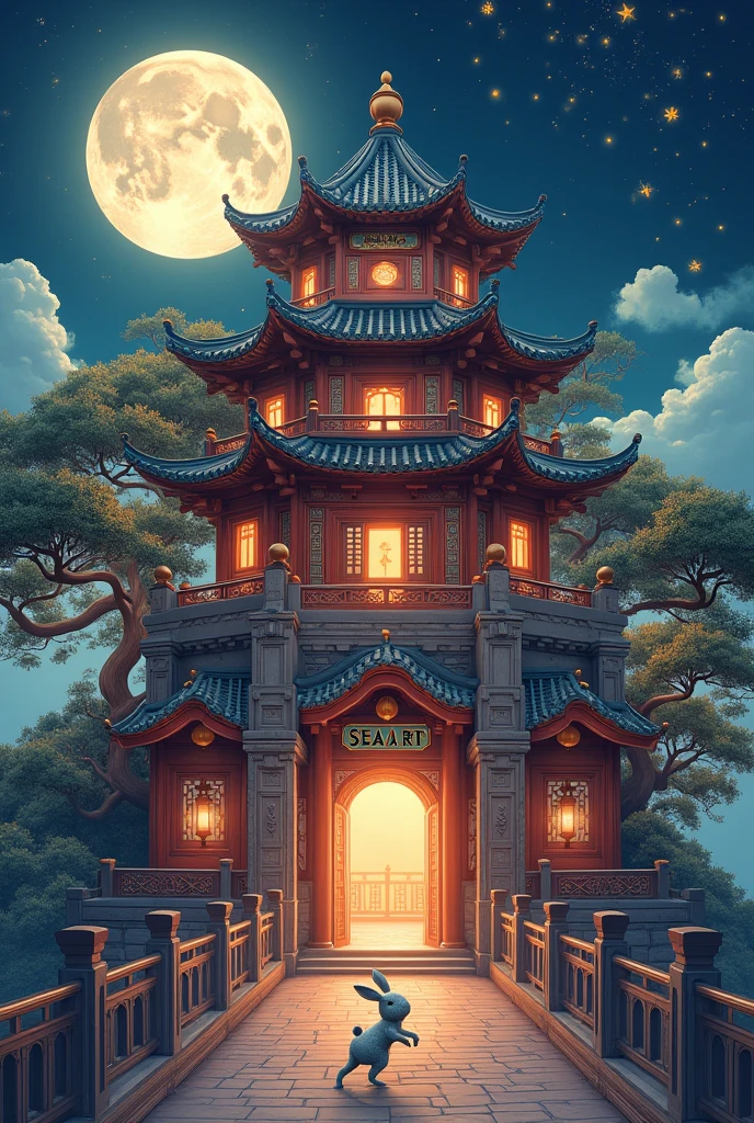 Moon Palace，Jade Rabbit，Cinnamon Tree，((Osmanthus flowers flying,petal))，Chinese style，((The building says"SEAART"))