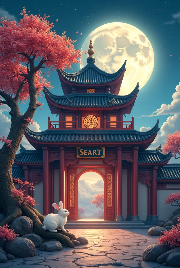 Moon Palace,Jade Rabbit,Cinnamon Tree,((Osmanthus flowers flying,petal)),Chinese style,((The building says"SEAART"))
