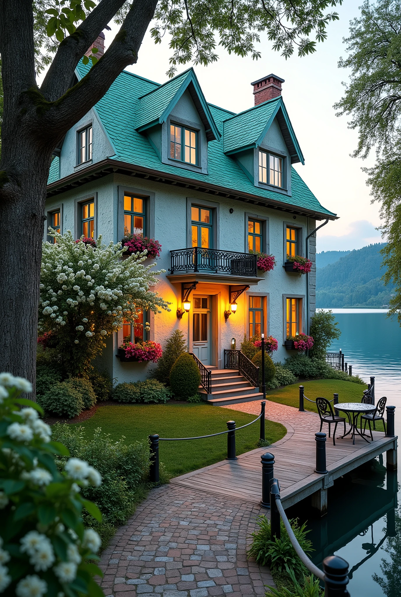 A captivating wide-angle photograph of an idyllic four-story house nestled by a serene and picturesque lake. The house, painted in asoft blue with a mint roof, exudes rustic charm and elegance. Vibrant flower boxes adorn the facade, contrasting the weathered walls with a pop of color. A charming balcony with intricate wrought iron railings extends from the upper level, offering a breathtaking view of the surroundings. A picturesque cobblestone path, partially shaded by a magnificent blossoming tree, winds gracefully towards the front door. The tree's delicate white flowers form a natural canopy, with a solitary lamppost casting a warm, inviting glow. To the right, a cozy wooden deck stretches over the water, complete with a table and chairs for moments of quiet reflection., 3d render, illustration, photo, cinematic