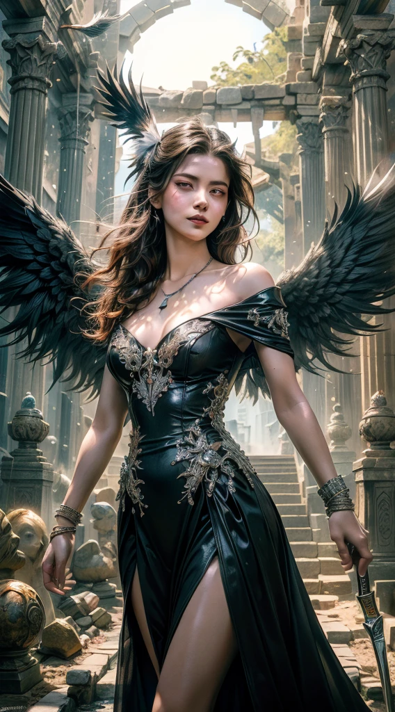 (Numerosas obras-primas premiadas, with incredible details, Maximum textures and details), (Hiper-realista:1.4), (realista:1.3), (Imagem corporal inteira:1.7), (Puntile superior do corpo para cima:0.3), (melhor qualidade de pele textura real), (finely detailed true circle eyes), (Finamente detalhado e bonito rosto:1.4), (Aesthetic and decadent image:1.5), ((Mundo Medieval)), (Segadeira:1.4), (olhar gelado nos olhos), (She has a nasty smile on her face, But your eyes don't smile.:1.3), (He has a soul harvesting scythe in his hand:1.5), (Um saco contendo almas colhidas com um leve brilho:1.5), (Olhos que brilham vermelhos no escuro), (dramatic light), altar, (A majestic spectacle), (Magic Circle of Disturbing Glow:1.3), Your face is soft and beautiful, mas de alguma forma aterrorizante, (Large wings with tattered black feathers behind shoulders:1.3), (Imagem corporal inteira:1.7), (Wears a dark black dress with a hood and intricate patterns:1.2), Asas dobradas, Brincos com estampa de caveira, (Rastreamento do Ceifador de Esqueleto: 1.3), (((dramatic photo))), (twilight), (sunset), (twilight), ((dramatic pose)), (foto extravagante), (cabelos dourados), (Cabelos prateados), (cabelo castanho), ((procura para cima)), ((olhe para baixo)), (Imagem corporal inteira:1.7), (Around her neck is a simple necklace with exquisite workmanship......), Sepultura esquecida, Grande Tumba, Underground Labyrinth, Ruins of the Temple of Evil, Temple of Sacrifice, misteriosamente, Ruins of the old castle, desert cemetery ruins, Tumba antiga desabou, Ancient ruins of still waters, Swampy ruins, Masses of majestic clouds and bright skies, clareamento, realistic epic, desbotado, until, (Greg Rutkowski:0.8), (cerceta & laranja:0.4), (Artee Station:1.5), cinematographic, ((cores neutras)), (HDR:1.5), (cores silenciadas:1.2), hiper detalhado, dramatic light, (Detalhes co
