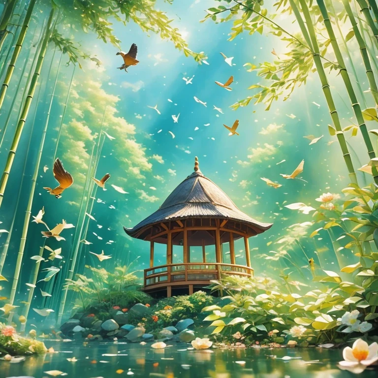 bamboo forest，unmanned，bird，，Wide-angle lens，Gazebo,uhd, masterpiece, high details, high quality, best quality, highres