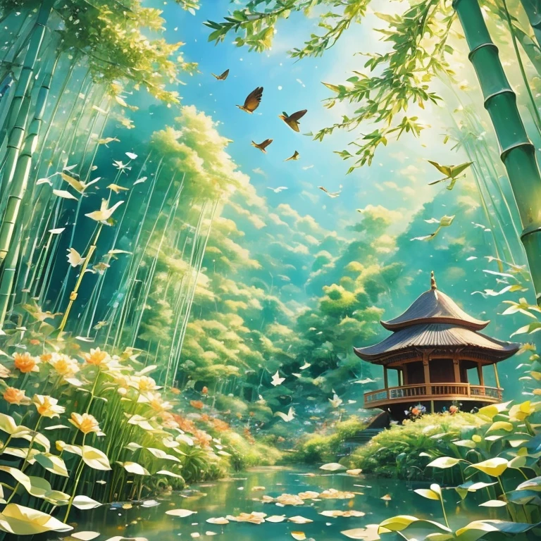 bamboo forest，unmanned，bird，，Wide-angle lens，Gazebo,uhd, masterpiece, high details, high quality, best quality, highres