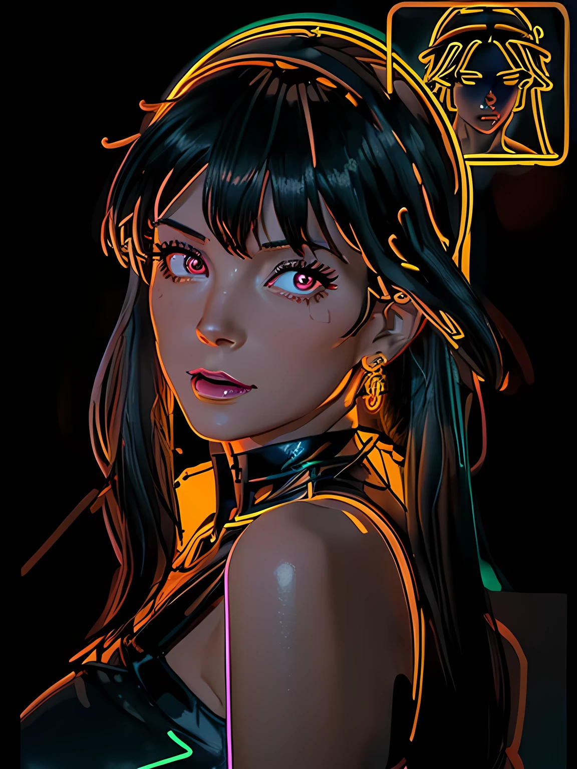 (Glowing neon outline), close up, Very beautiful woman, Yor-Briar, Yor-Forger, woman in a long evening dress, Yor-style hair accessory and earrings, Red eyes and black hair, ((neon outlines body:1.3, neon outlines face:1.3)), Toon Shader Rendering, Ultra-Realistic Capture, Photorealsitic,Highest quality, masterpiece, Highly detailed face, Model-like body, best shading, (Many LEDs), The background is a slightly dark cabin, Large Breasts, RAW Photos, cinematic lighting, Inside the room at night, Yor Forger's Features,