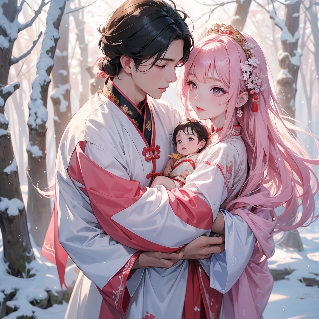 A one-year-old baby boy in pink ancient Chinese baby costume with his beautiful mother, dressed in an ancient Chinese costume, In a forest where there was only white snow everywhere. The trees were still covered in white snow. A very strong blizzard, playing with each other, with his handsome father standing next to his mother, close up