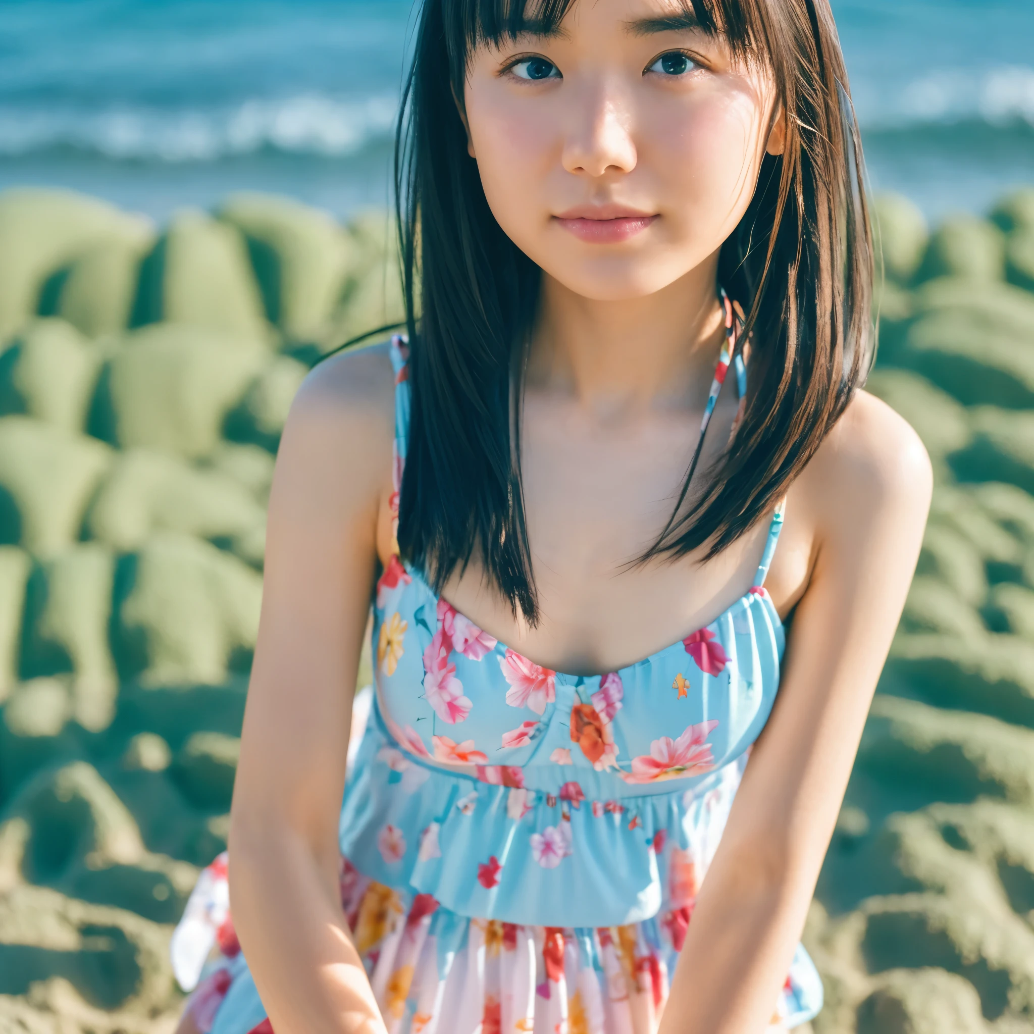 8k, highest quality, masterpiece, super high resolution, (realistic:1.4), RAW Photos, (Film Grain:1.3), One Girl, portrait of a Japanese woman, 30 years old, standing on the beach, a cute face, detailed face, detailed eyes, {short|long} hair, correct body anatomy, wearing a bikini, photogravure