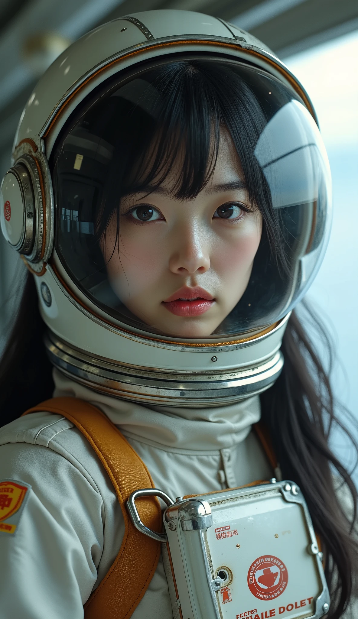 Adult woman with depression、Japanese、Black Hair、Brown eyes、Pink Lips、Retro spacesuit、Upper Body、universe space、Space Station、Real、Masterpiece、Highest quality、Light reflecting off the helmet、