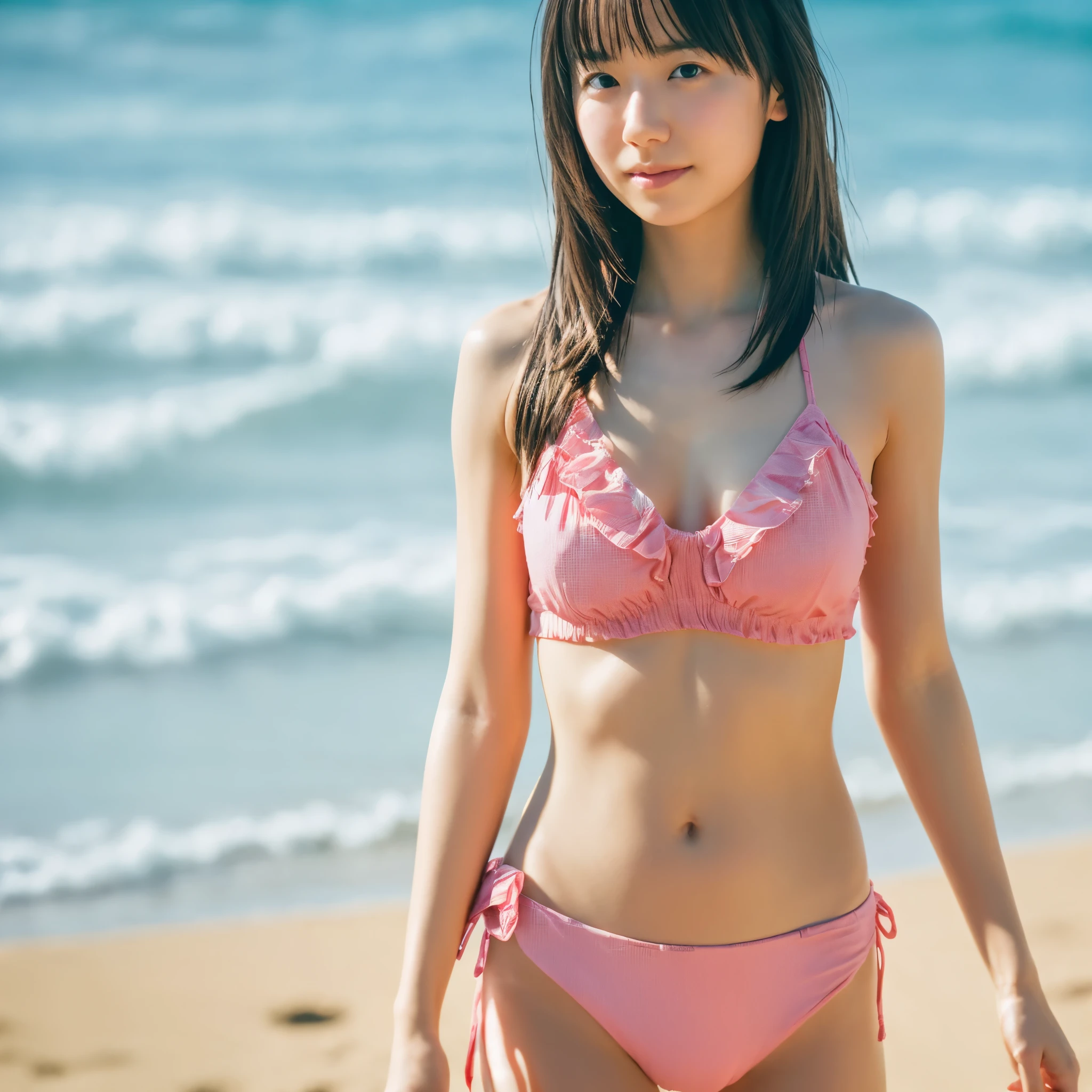 8k, highest quality, masterpiece, super high resolution, (realistic:1.4), RAW Photos, (Film Grain:1.3), One Girl, portrait of a Japanese woman, 30 years old, standing on the beach, a cute face, detailed face, detailed eyes, {short|long} hair, correct body anatomy, wearing a bikini, photogravure