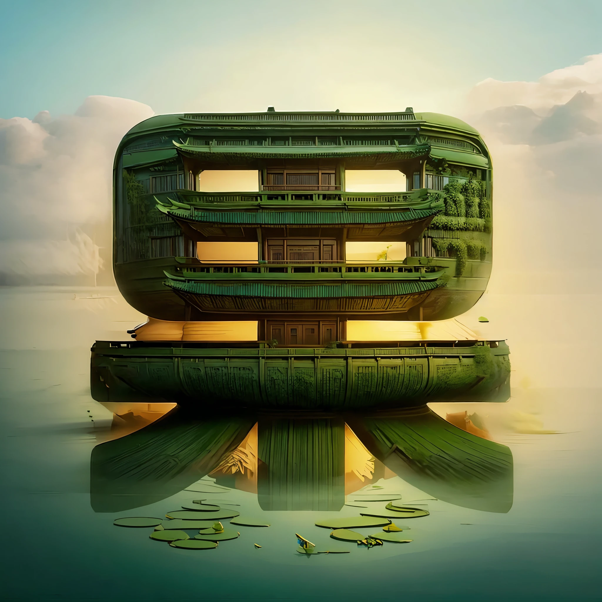 Potted plants, lake, water, lily pad,lotus, temple,