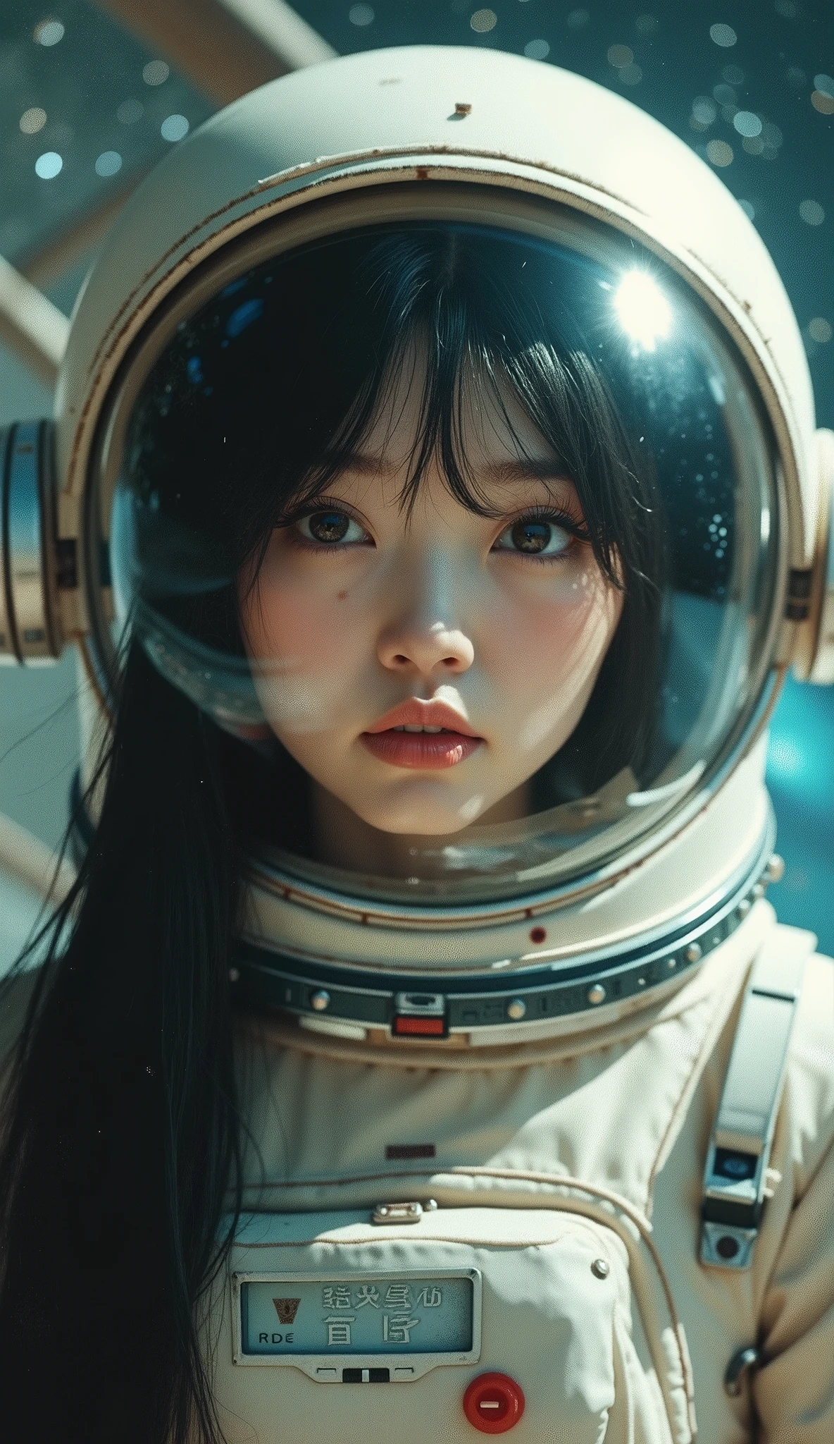 Adult woman with depression、Japanese、Black Hair、Brown eyes、Pink Lips、Retro spacesuit、Upper Body、universe space、Space Station、Real、Masterpiece、Highest quality、Light reflecting off the helmet、