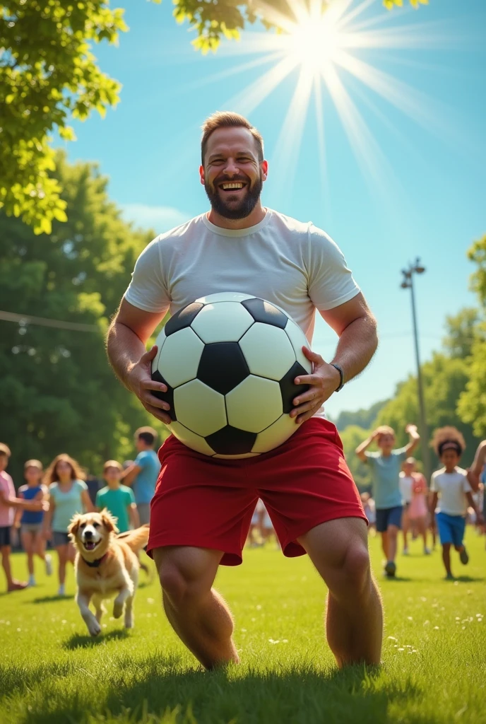 Man
playing pranks with a huge 3D soccer ball inside his pants