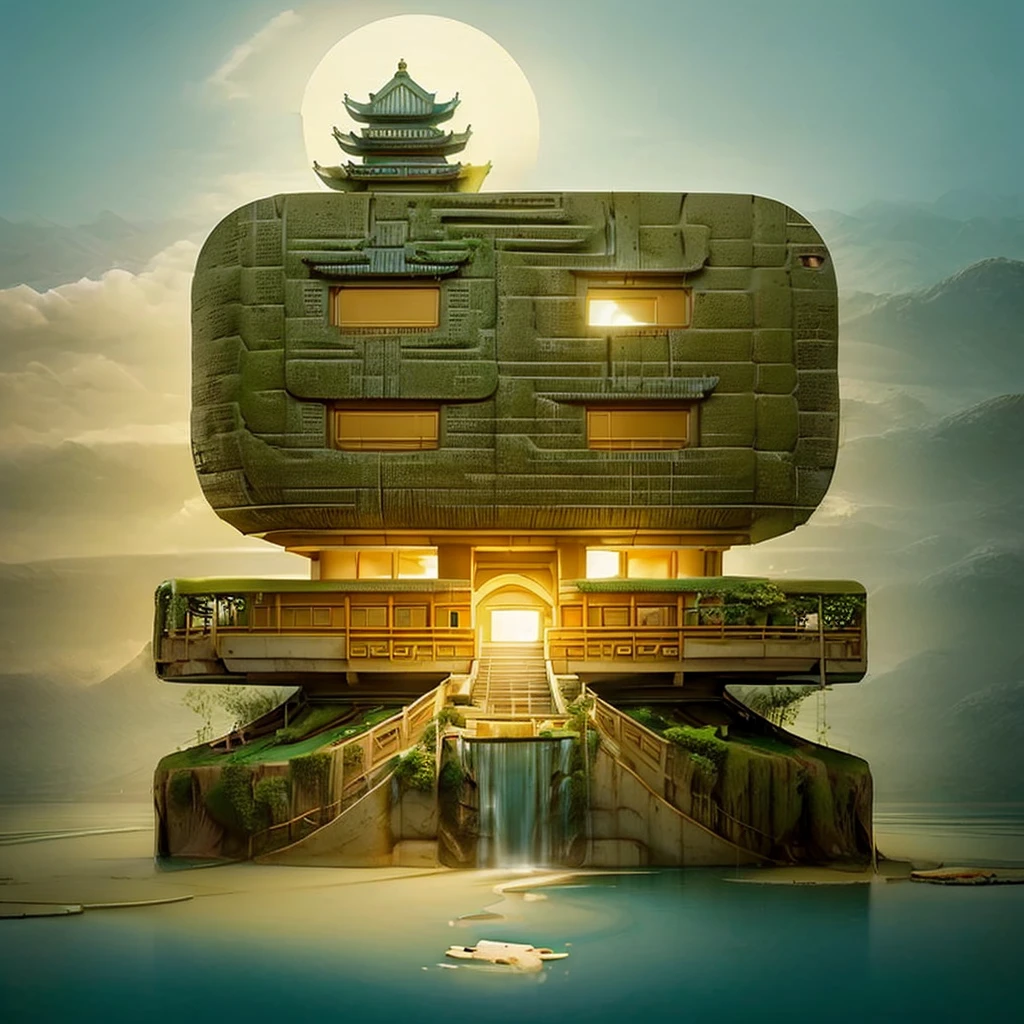 Potted plants, lake, water, lily pad,lotus, temple,