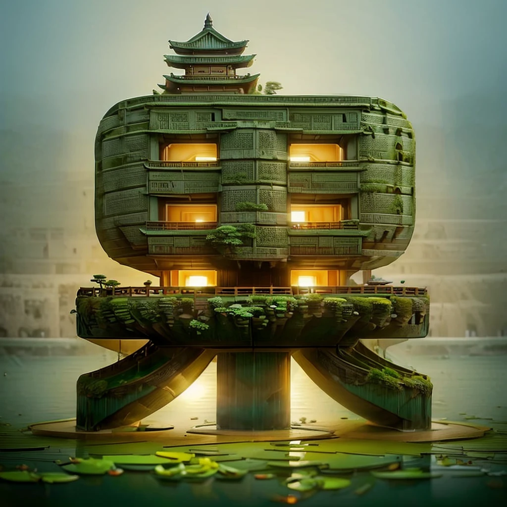 Potted plants, lake, water, lily pad,lotus, temple,