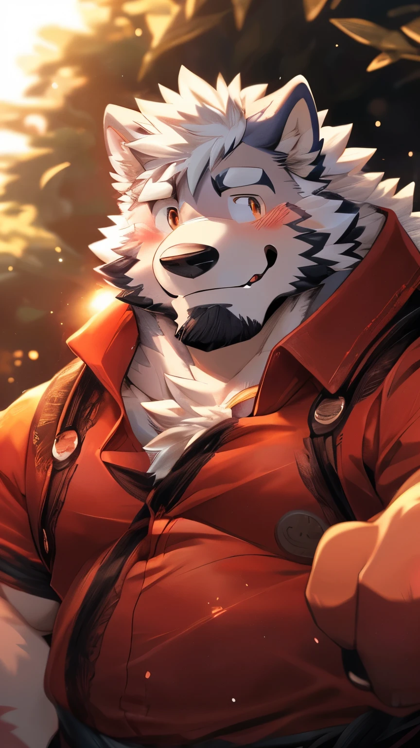 human nature, wild animals, male, 36 years old,uncle,solitary, ((Round Face, The face is plump, Orange Eyes, Thick white hair,Scars)), ((Endomorph, Handsome,Hot Blood)), (Mecha suit,no electricity,exhausted), ((domestic white wolf, Wolf Orc) Fluffy fur, Fluffy, White Stripes), (wolf print), Bokeh, (high quality, high resolution, masterpiece), (Dynamic Lighting, Vibrant colors), (Smile,shy,blush), Full body pictures (Vision), cartoon, author:Takemoto Arashi, From Zixiong, author:Chunni, author:Ethereal,(background:Rainforest)