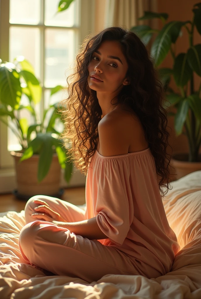 (photorealism:1.2), beautiful woman, sitting on bed, wearing loose off-shoulder top, pajama pants, long curly hair, indoors, soft lighting, plants in background, window with sunlight, cozy room, relaxed pose, realistic, intricate details, warm colors, by Greg Rutkowski, by Alphonse Mucha