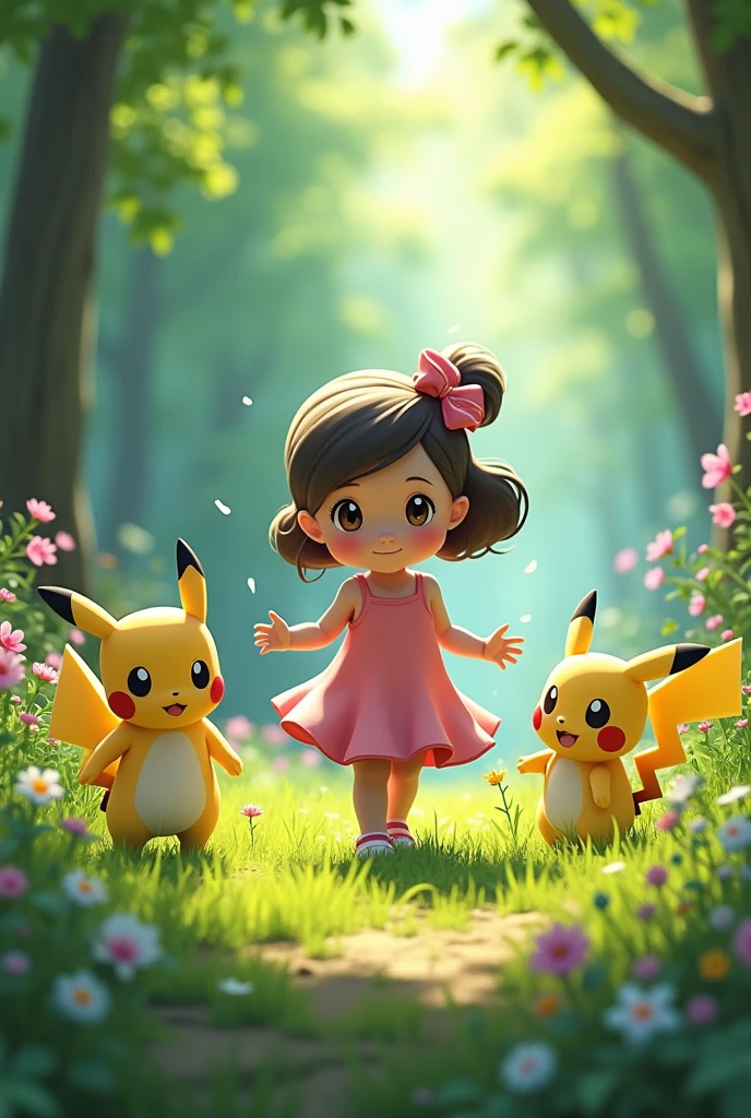 Smallchild, flatchested girl, topless skinny girl, summer vibe, various colors, pokemon vibes, forest 