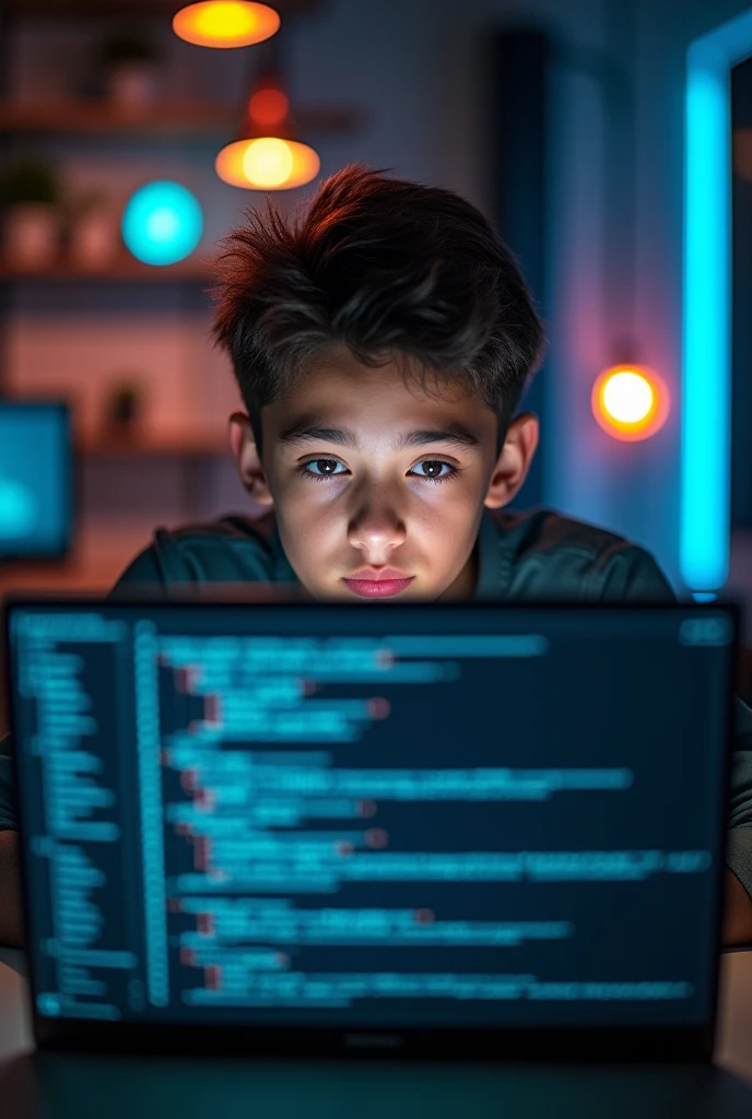 A 20-year-old boy
programming and a company logo
Larger than the face can be seen and the company logo is in writing