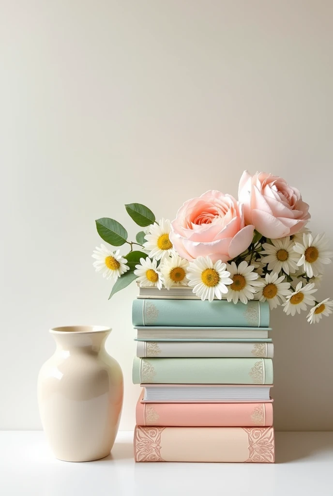 "A front view of a neatly stacked pile of books in various colors, with soft pastel covers and subtle detailing on the spines. Next to the stack is a small, elegant ceramic vase in a light neutral tone, filled with delicate flowers like daisies and roses in soft pinks and whites. The flowers slightly drape over the books, adding a touch of natural beauty. The design has a calm, serene atmosphere with no background elements, making the stack of books and vase with flowers the focal point."