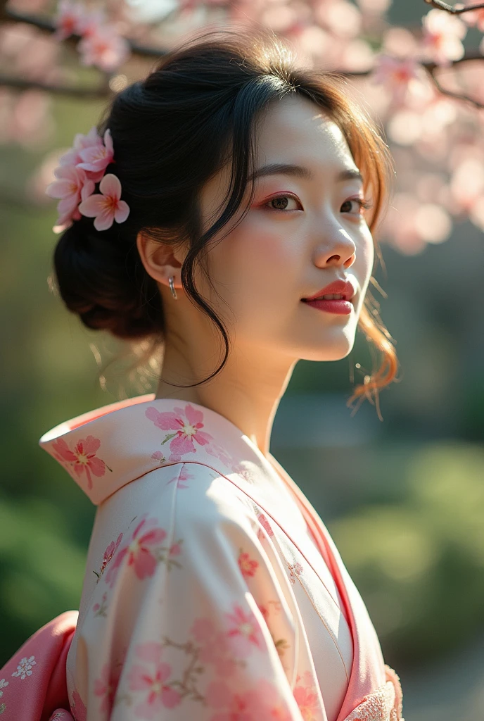 An elegantly dressed Japanese woman in natural light、A close-up of her chest and calm expression.、It shows her inner peace and outer charm.。