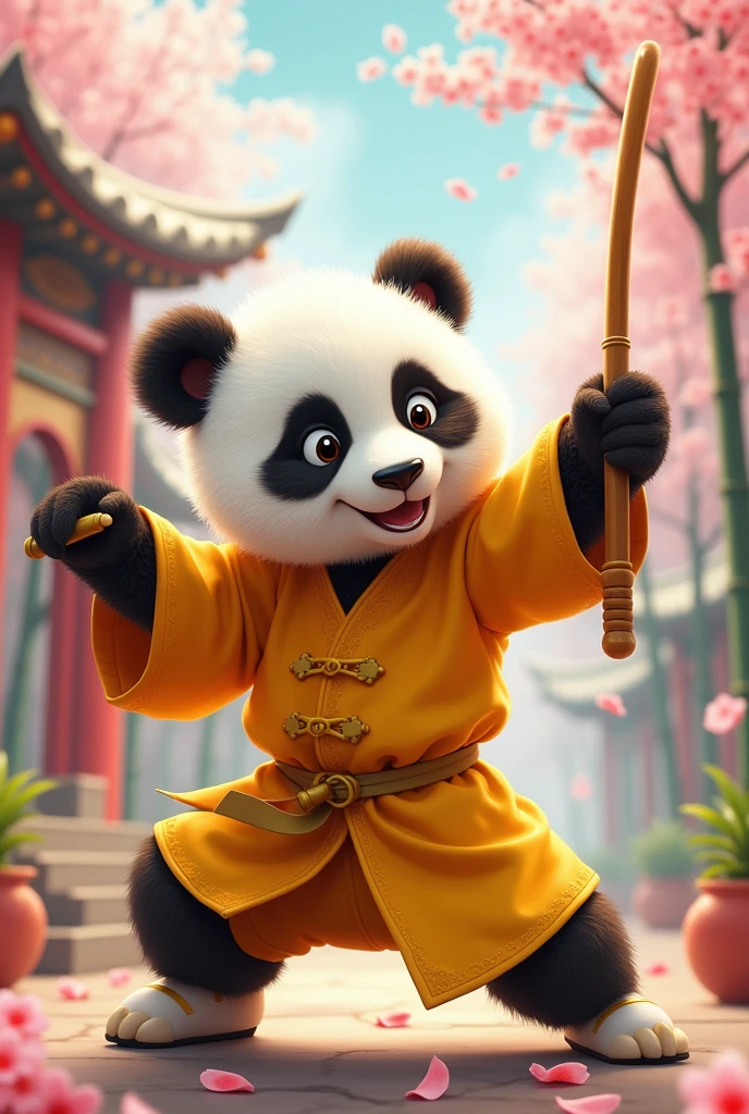 Panda wearing a yellow kung fu suit,Perform Chinese stick fighting,Powerful aura,Cute realistic style,Chinese style in the background