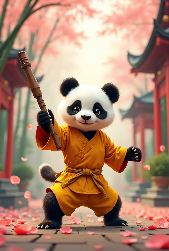Panda wearing a yellow kung fu suit,Perform Chinese stick fighting,Powerful aura,Cute realistic style,Chinese style in the background