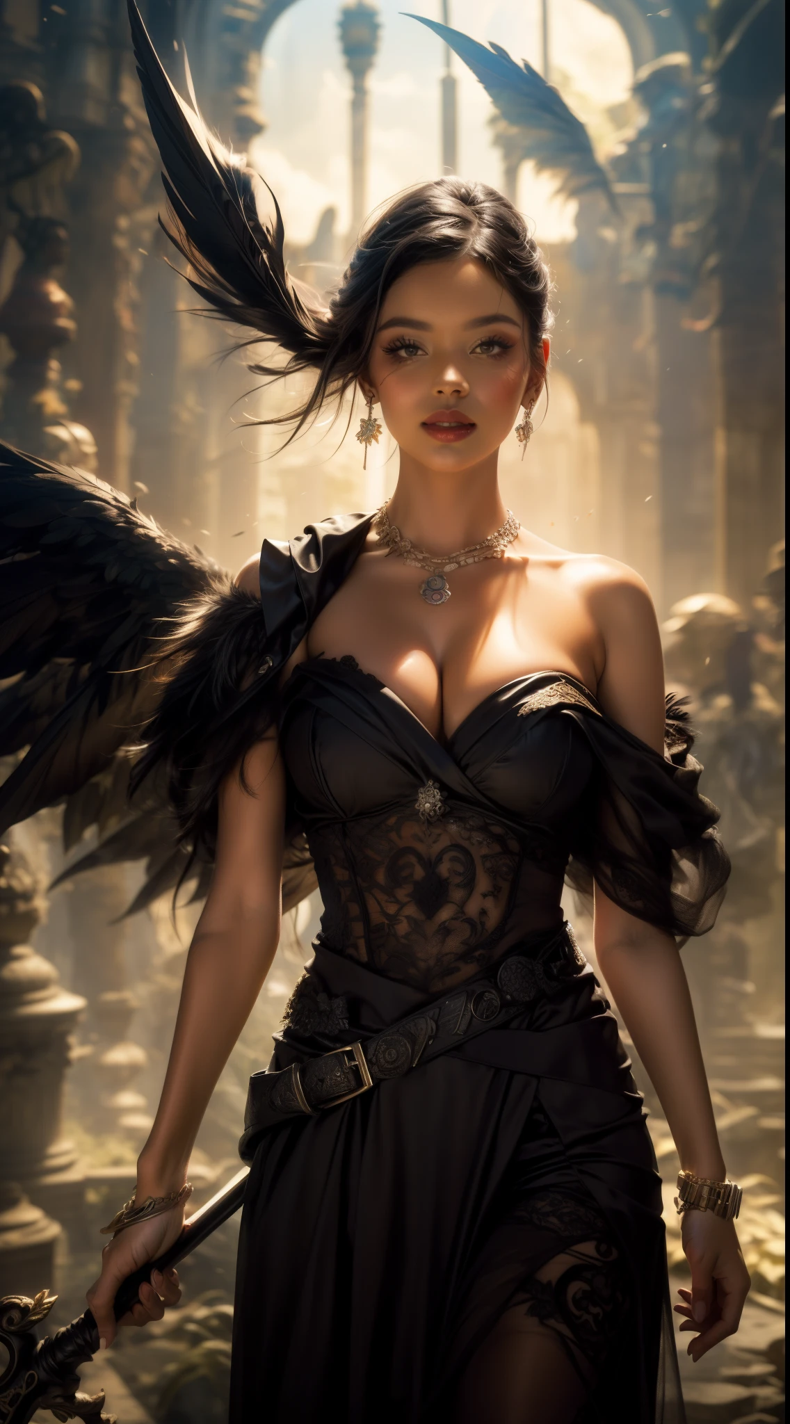 (Numerosas obras-primas premiadas, with incredible details, Maximum textures and details), (Hiper-realista:1.4), (realista:1.3), (Imagem corporal inteira:1.7), (Puntile superior do corpo para cima:0.3), (melhor qualidade de pele textura real), (finely detailed true circle eyes), (Finamente detalhado e bonito rosto:1.4), (Aesthetic and decadent image:1.5), ((Mundo Medieval)), (Segadeira:1.4), (olhar gelado nos olhos), (She has a nasty smile on her face, But your eyes don't smile.:1.3), (He has a soul harvesting scythe in his hand:1.5), (Um saco contendo almas colhidas com um leve brilho:1.5), (Olhos que brilham vermelhos no escuro), (dramatic light), altar, (A majestic spectacle), (Magic Circle of Disturbing Glow:1.3), Your face is soft and beautiful, mas de alguma forma aterrorizante, (Large wings with tattered black feathers behind shoulders:1.3), (Imagem corporal inteira:1.7), (Wears a dark black dress with a hood and intricate patterns:1.2), Asas dobradas, Brincos com estampa de caveira, (Rastreamento do Ceifador de Esqueleto: 1.3), (((dramatic photo))), (twilight), (sunset), (twilight), ((dramatic pose)), (foto extravagante), (cabelos dourados), (Cabelos prateados), (cabelo castanho), ((procura para cima)), ((olhe para baixo)), (Imagem corporal inteira:1.7), (Around her neck is a simple necklace with exquisite workmanship......), Sepultura esquecida, Grande Tumba, Underground Labyrinth, Ruins of the Temple of Evil, Temple of Sacrifice, misteriosamente, Ruins of the old castle, desert cemetery ruins, Tumba antiga desabou, Ancient ruins of still waters, Swampy ruins, Masses of majestic clouds and bright skies, clareamento, realistic epic, desbotado, until, (Greg Rutkowski:0.8), (cerceta & laranja:0.4), (Artee Station:1.5), cinematographic, ((cores neutras)), (HDR:1.5), (cores silenciadas:1.2), hiper detalhado, dramatic light, (Detalhes co