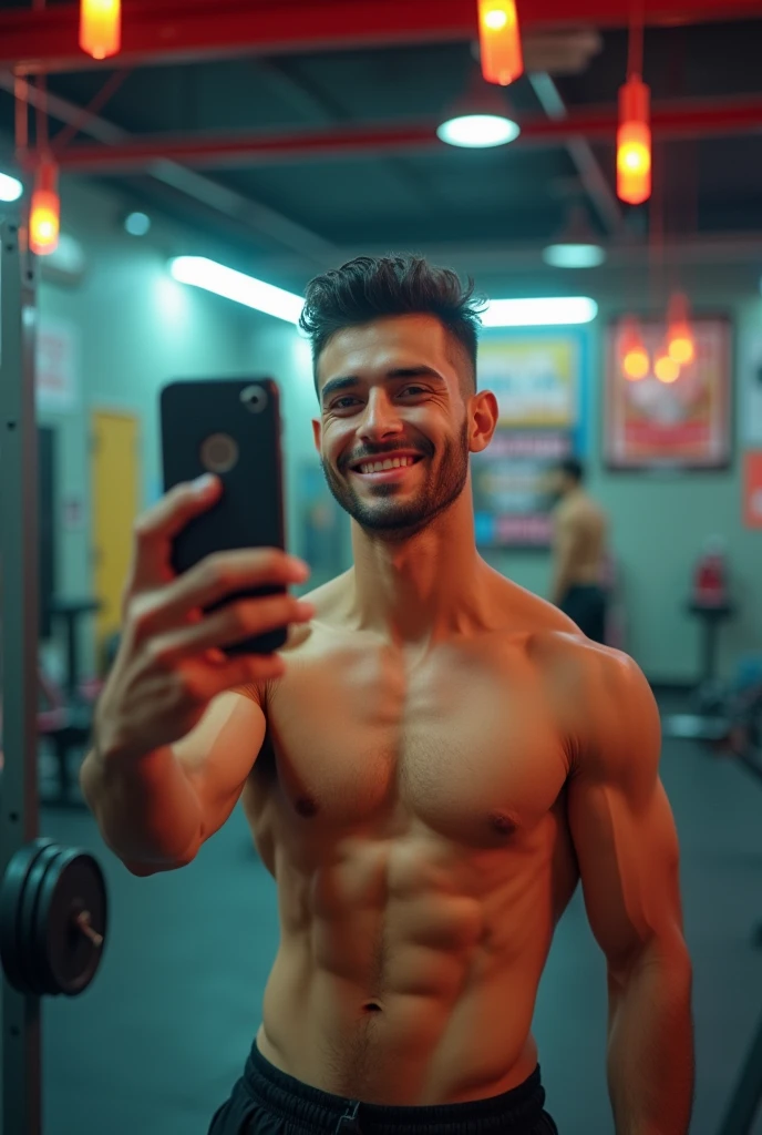 A young Maghrebi of 23 years 24 years clean shaven without beard and short hair selfie at the gym staring at the mirror with a charming look 