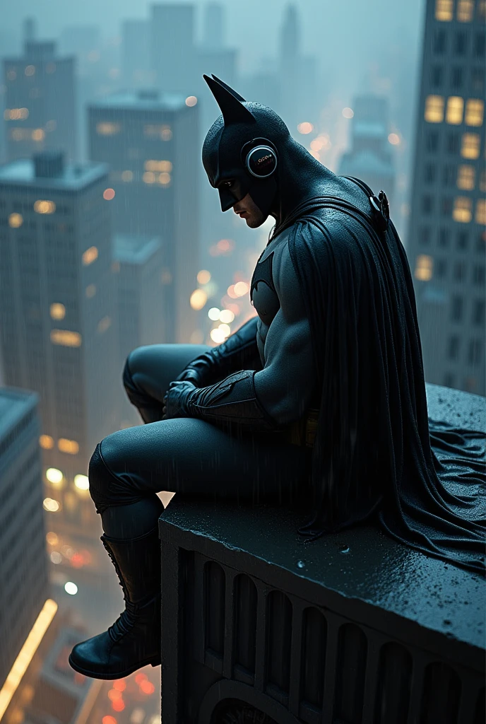 at night Batman just chilling on top of the building listening to music while it's raining heavily. In the background we see city skyline at night. Cozy