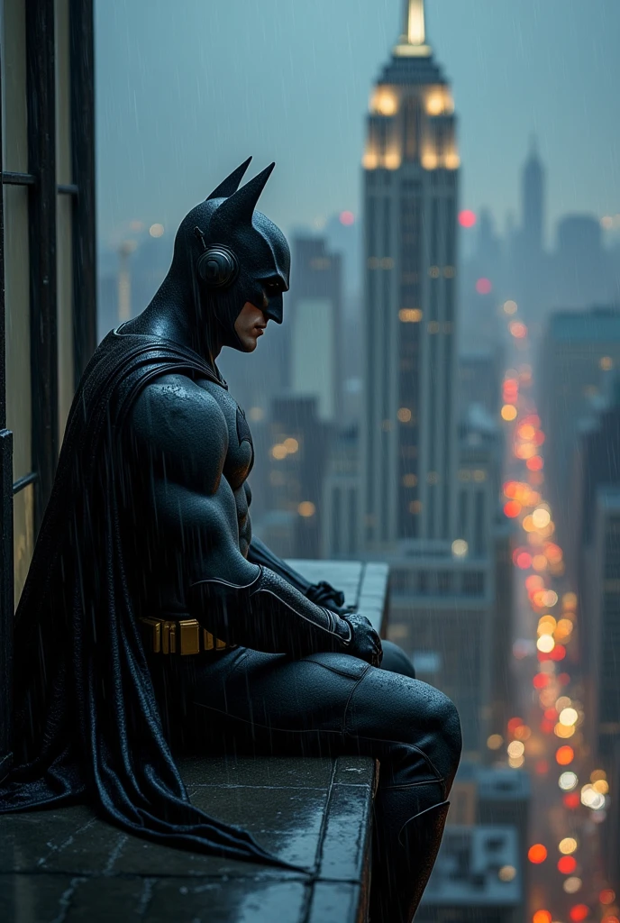 Batman just chilling on top of the building listening to music while it's raining. In the background we see city skyline at night. Cozy