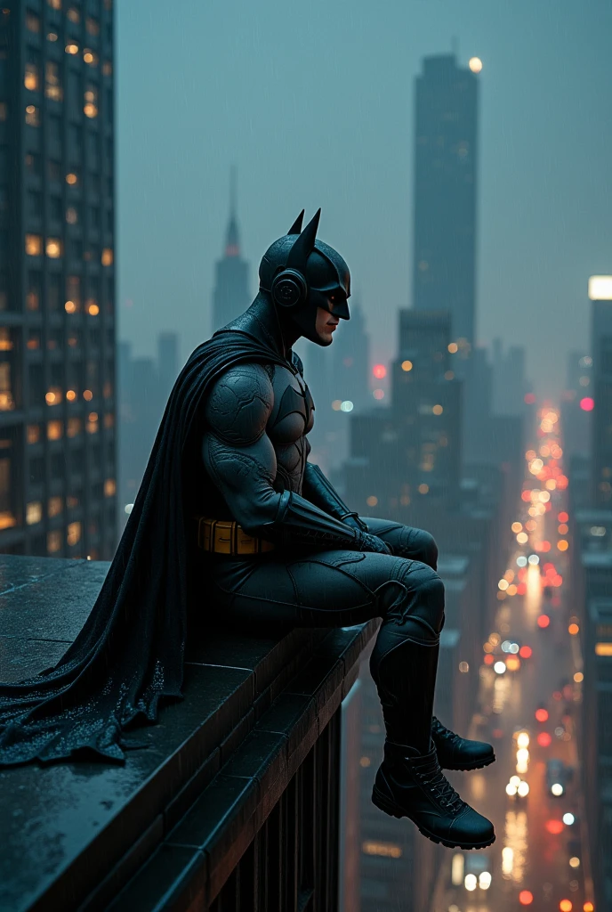 Batman just chilling on top of the building listening to music while it's raining. In the background we see city skyline at night. Cozy