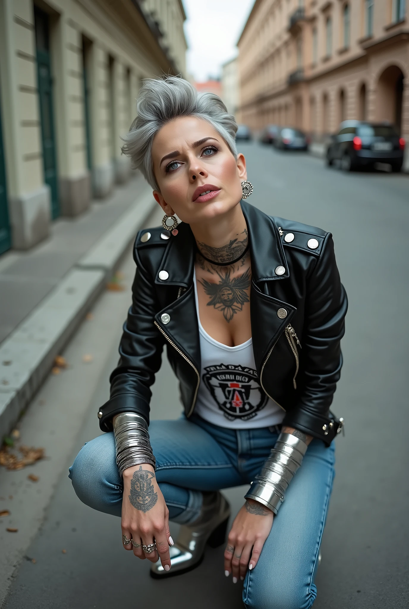 russian old milf woman, grey hair (quiff shaved sides), with very light blue eyes, extremely pale. Wearing cropped black moto jacket (silver brooches on lapels),  tank top with rock logo, skinny leather jeans and silver pointy Chelsea boots with cuban heels . Lots of metallic wide silver bracelets, a tacky chain and a padlock as a collar.mTacky studded leather belt with oversized chanel buckle. Wide loop earrings. Kneeling looking up, eyes and mouth wide open in amazement. Tattooed. Hands on her knees. Chin up, looking up listening in amazement to God. Well toned abdominals, thin legs and thin arms.