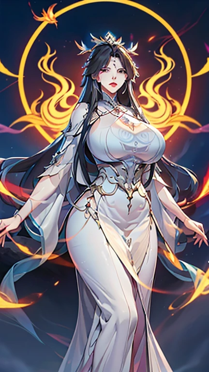 1 Woman, mature, High (1.85 cm), looks about 35 years old, has long black hair, straight and shiny, tied in the Chinese Taoist style, majestic black eyes, Extremely detailed eyes, perfect eyes, đôi mắt cực kỳ thực tế, balanced eyes, Long eyelashes, Anime style, perfect face, milf face, full red lips, mature, smooth white skin, natural body, sexy body, milf body, Perfect hands, detailed hands, arms in proportion to the body, đôi tay thực tế, arm with good anatomy, She was wearing only a red Chinese style dress decorated with gold and silver with phoenix motifs woven into the dress but still could not hide her extremely large and gigantic breasts., very big breasts, four hands can lift,breasts sag due to their size, thick thighs, wide hips, look at the viewer, The background is a Chinese-style pavilion., pose alone, look at the viewer.