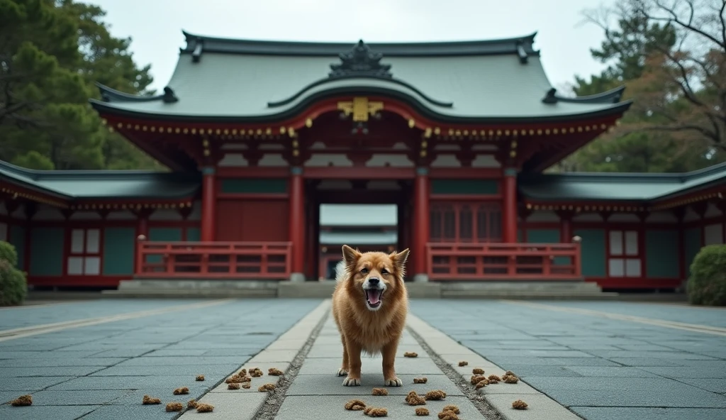 There was only a dog barking in front of the Yasukuni Shrine gate, captured by a camera.,and there is dog shit all around,Like a toilet