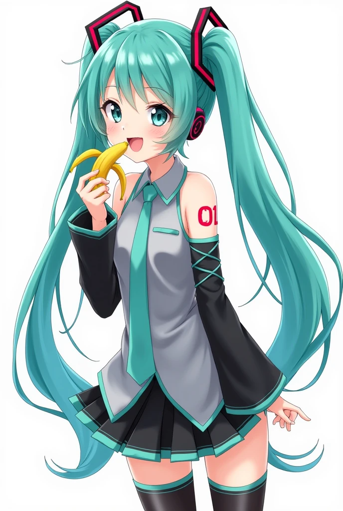 Anime art, anime style, detailed drawing, white background, high definition, high quality, one girl, solo, Hatsune Miku, aqua hair, twin tails, head ornament, headphones, number tattoo "01" (red, located on her left hand), grey sleeveless collared shirt, black detached sleeves with aqua lines, five fingers with aqua nails, aqua necktie, black pleated mini skirt with aqua lines, zettai ryouiki, thigh-high black boots with aqua lines.
Miku Hatsune eats banana