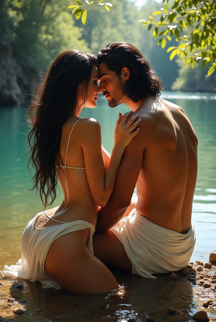 A handsome couple, sitting on a river bank, woman, Lucy Pinder, completely naked, breasts visible, trees in background, man, handsome, robust, shirt less, wearing a white dhoti, full body view, head to toe, long black hair , front view, daylight, realistic, shade lights, high resolution, by Louis Royo, by Boris Vallejo, by Frank Frazetta