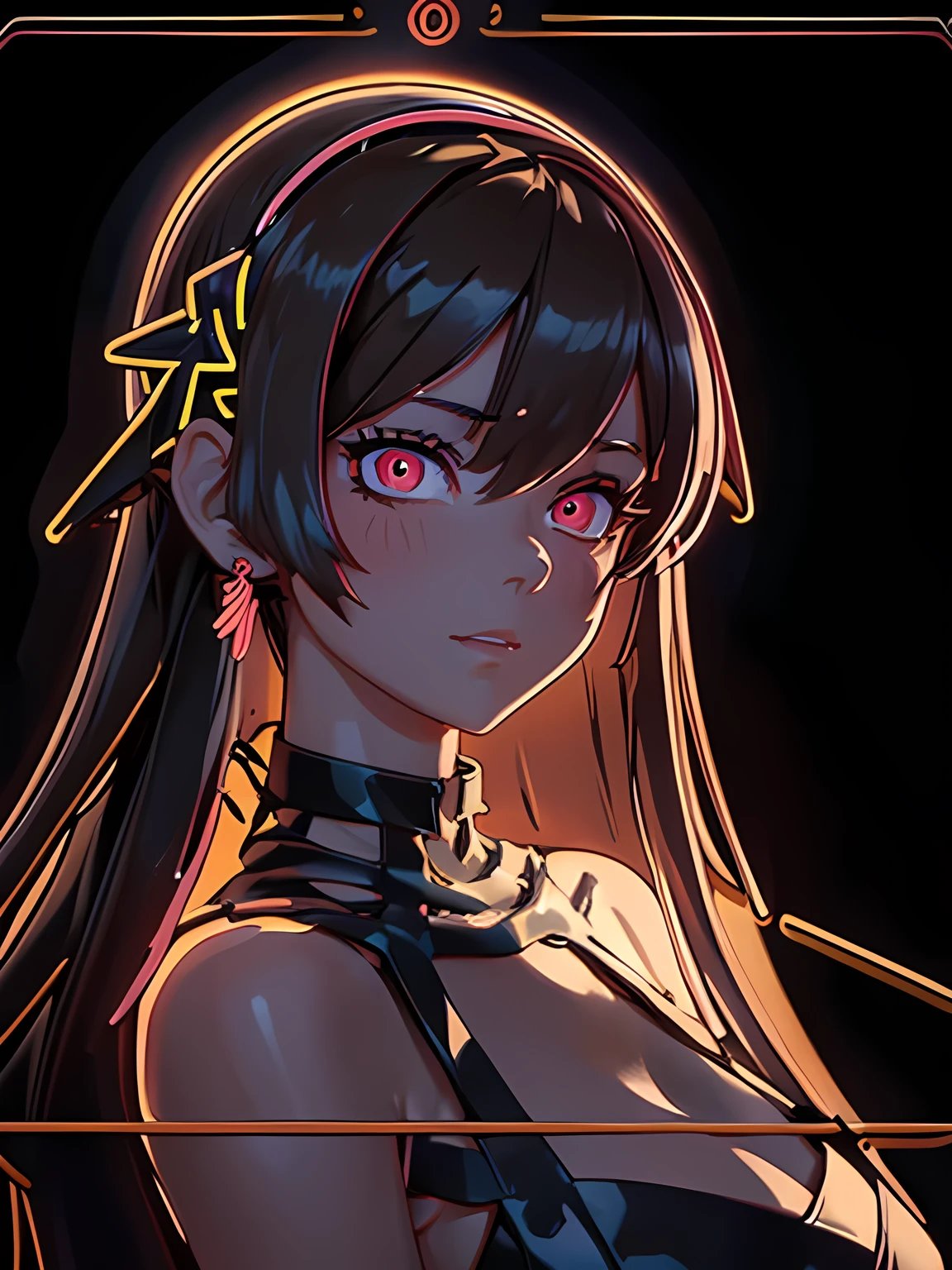 (Glowing neon outline), close up, Very beautiful woman, Yor-Briar, Yor-Forger, woman in a long evening dress, Yor-style hair accessory and earrings, Red eyes and black hair, ((neon outlines body:1.3, neon outlines face:1.3)), Toon Shader Rendering, Ultra-Realistic Capture, Photorealsitic,Highest quality, masterpiece, Highly detailed face, Model-like body, best shading, (Many LEDs), The background is a slightly dark cabin, Large Breasts, RAW Photos, cinematic lighting, Inside the room at night, Yor Forger's Features,