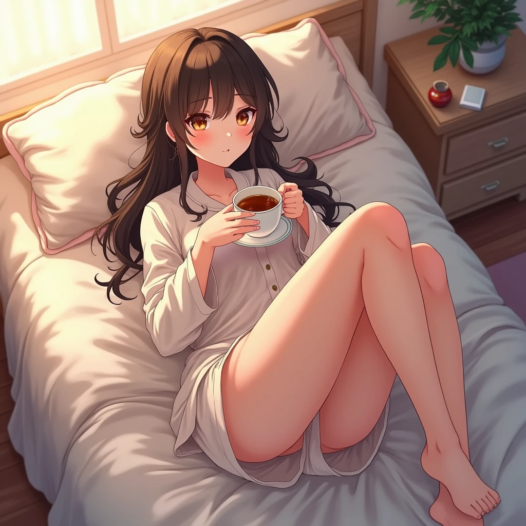THIS ANIMATION IN ANIME, A WOMAN WITH A NICE CUP IN PAJAMAS LYING IN HER BED, SHE HAS BEAUTIFUL LEGS, thicc thighs, SLIM ASS AND BREASTS, A PHOTO SHOWING HER FROM ABOVE