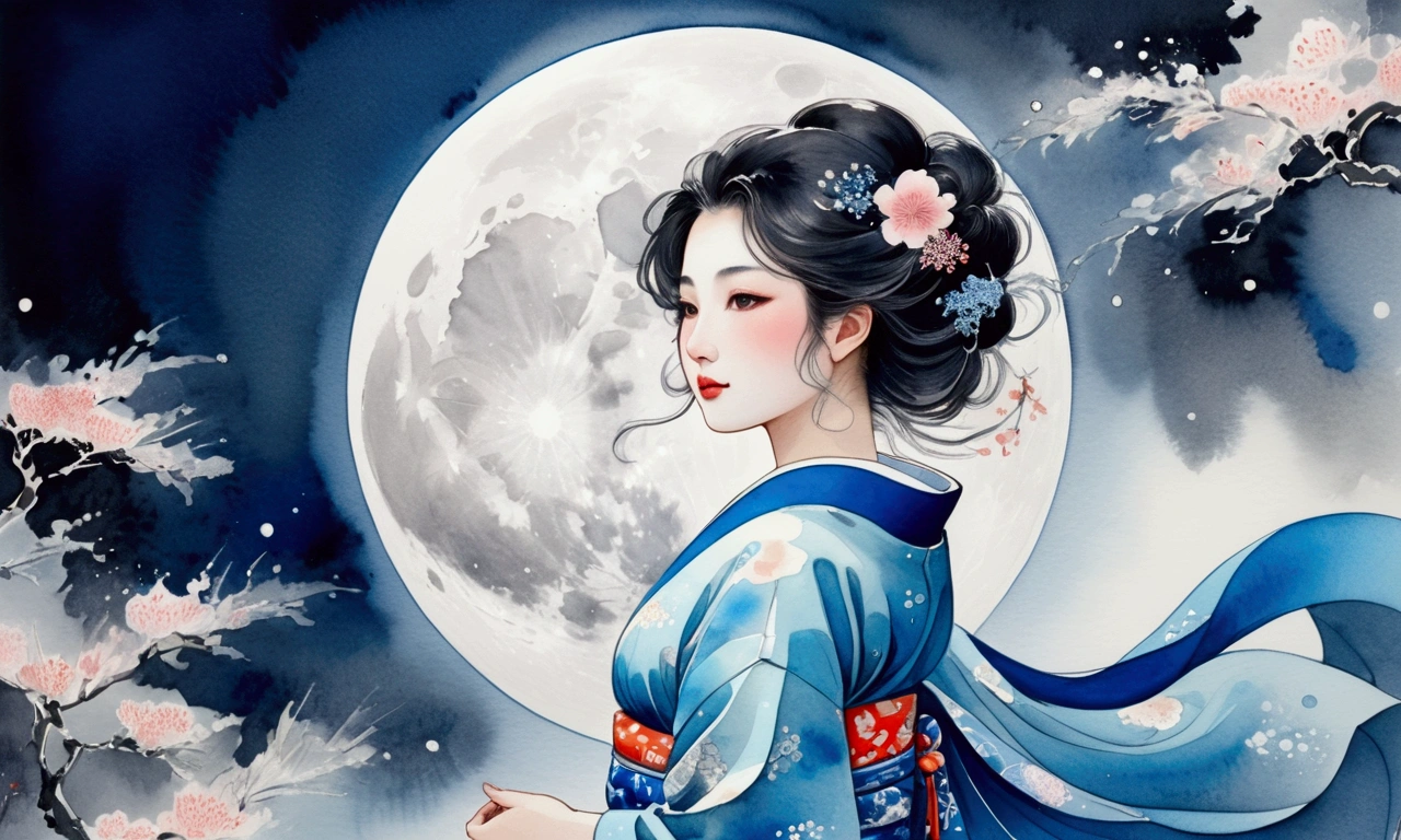 Taisho Romance A big blue moon and a beautiful, free and ambitious Japanese woman in a kimono Aquarius Blue Moon Big Moon Watercolor art Detailed ink illustration spiritual