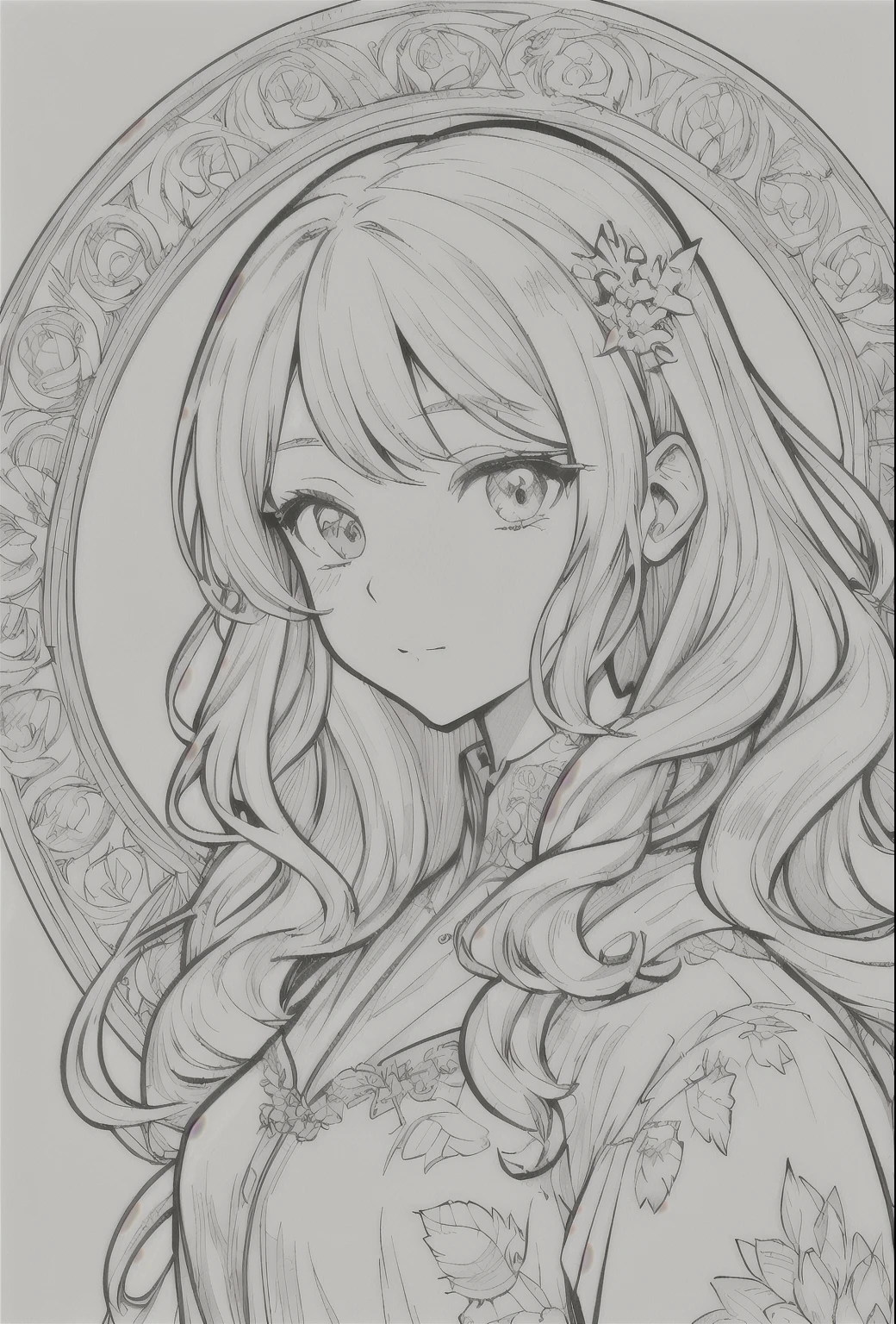 European woman face portrait、Long Curly Hair、blonde、Floral frame、Decorative panel、Abstract Art of Alphonse Mucha、sketch、Character Line、Scenes without color or shadows。 (masterpiece、Highest quality、High resolution:1.4)、detailed、複雑なdetailed、4K、Splashes of color、Line art、Fibonacci、Coloring page, 非常にdetailedなイラスト, 非常にdetailedなLine art, Very fine line work, 非常にdetailedな肖像画, Extremely fine line work, 非常にdetailedなLine art, 非常にdetailedな図面, Line artぬり絵, 非常にdetailedなイラスト.", 非常にdetailedな肖像画, 非常にdetailedなイラスト, 非常にdetailedなアートワーク, detailedなデジタル図面