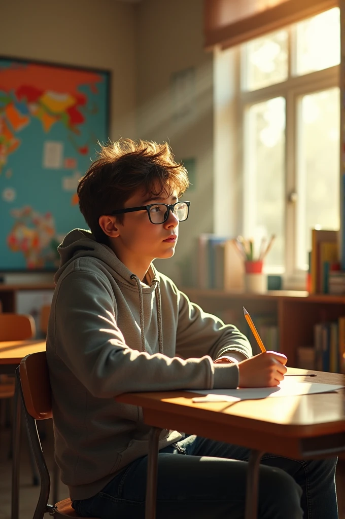 A ager boy with glasses thinking about something sitting in a classroom.