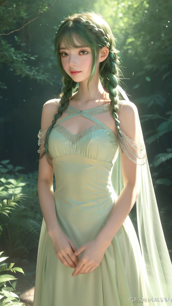 Create an anime-style artwork of an elven girl with long, braided green tosca hair. She has delicate features, pointed ears, and wears a white, flowing gown with intricate silver arm bracers. The scene is set in a sunlit forest, with soft light filtering through the trees, giving a serene and magical atmosphere.