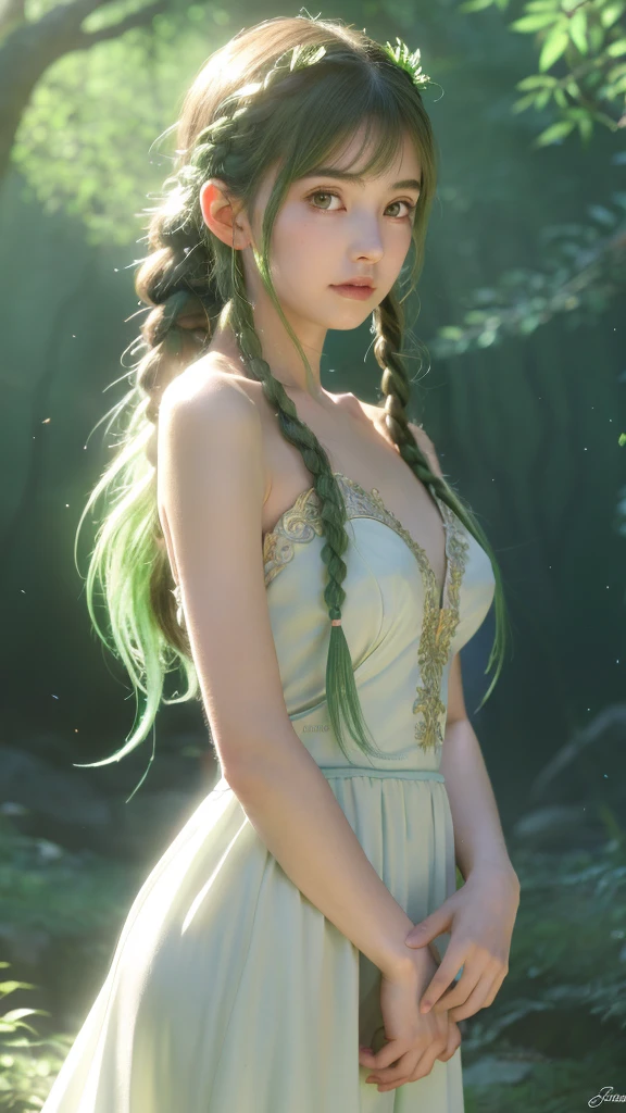 Create an anime-style artwork of an elven girl with long, braided green tosca hair. She has delicate features, pointed ears, and wears a white, flowing gown with intricate silver arm bracers. The scene is set in a sunlit forest, with soft light filtering through the trees, giving a serene and magical atmosphere.