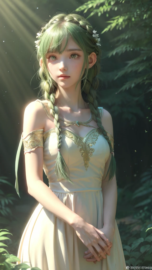 a chubby female dwarf druid with long braided blonde hair, vibrant green eyes, rosy cheeks, comic style rendering, close-up portrait, intricate details, delicate facial features, ornate clothing, nature elements, warm color palette, dramatic lighting, (best quality,4k,8k,highres,masterpiece:1.2),ultra-detailed,(realistic,photorealistic,photo-realistic:1.37),cinematic composition,digital painting