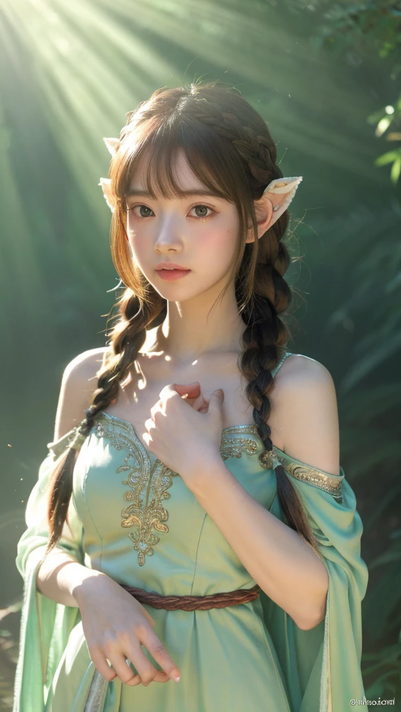 Create an anime-style artwork of an elven girl with long, braided green tosca hair. She has delicate features, pointed ears, and wears a white, flowing gown with intricate silver arm bracers. The scene is set in a sunlit forest, with soft light filtering through the trees, giving a serene and magical atmosphere.