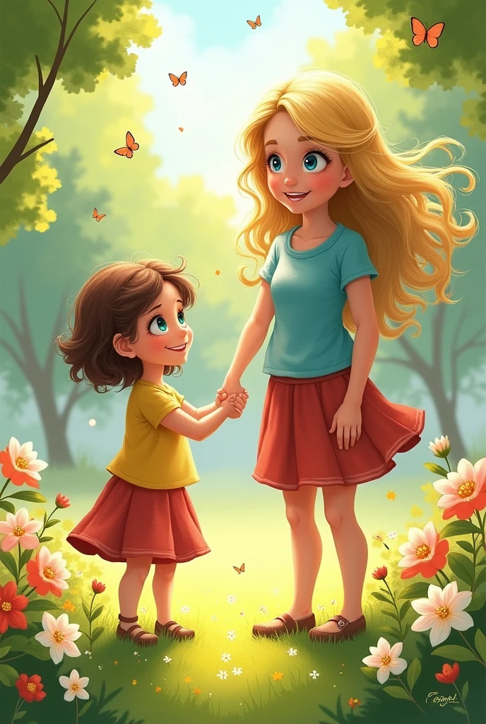 A short girl, Chestnut holding the hand of a blonde girl, tall blue eyes