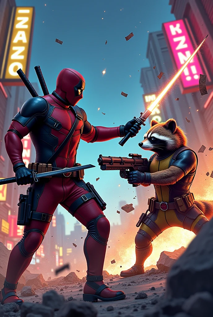 Deadpool fight with rocket raccoon