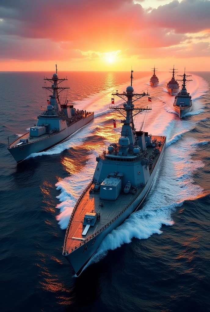 Warships sailing at the ocean
