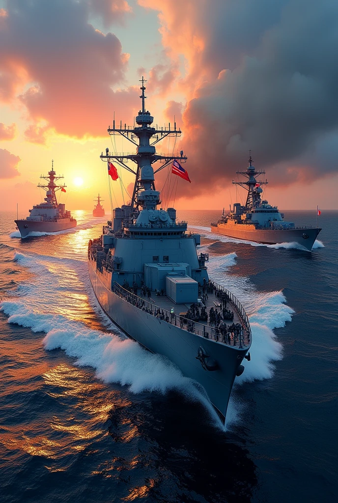Warships sailing at the ocean