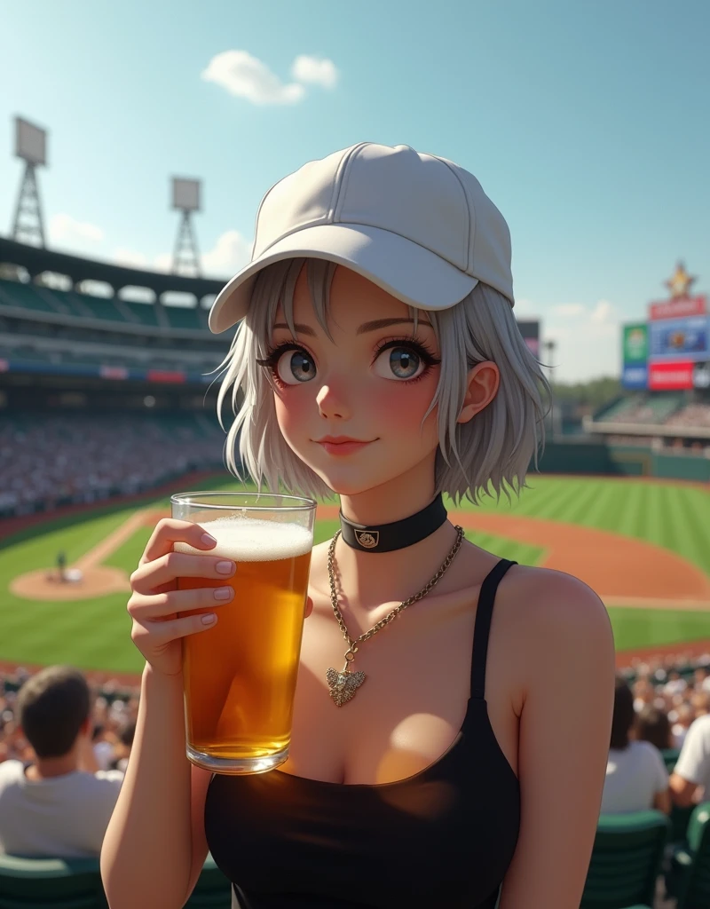 (RAW photo, best quality, masterpiece: 1.2), (photorealistic: 1.4), best lighting, 20 years old, (light gray hair, short cut, hair over ear, Symmetrical eyes, fair skin, solo, Detailed Skin, Detailed Background:1.2), Lower front, smiling, angle from field to spectator seating, sitting in the bleachers at a baseball stadium watching the game, holding a beer in a clear cup in one hand, lots of spectators, white baseball cap, black tight tank top, large breasts, accessories, hair tied back, daytime